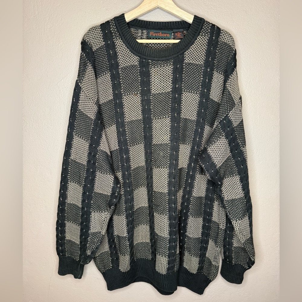 Firethorn Men's Vintage Black & Brown Plaid Cotton Crewneck Knit Sweater Size XL